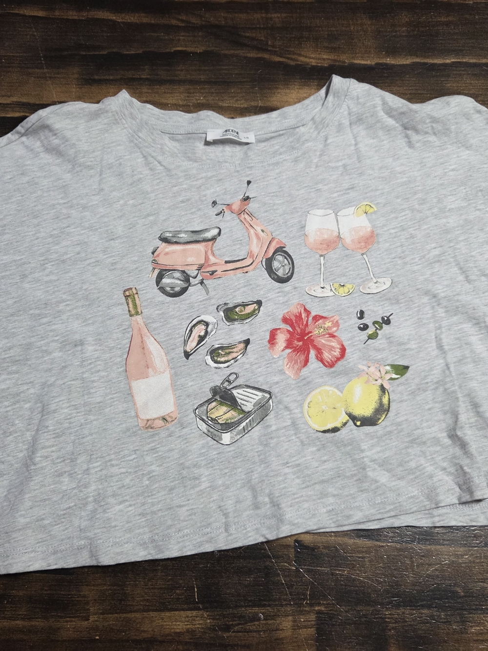 Ladids Crop Short Sleeve Gray Graphic Tee with Pink Scooter & Floral Print